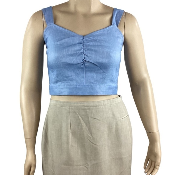 Express Linen Blend Smocked Back Crop Top Size L Blue - Picture 1 of 5